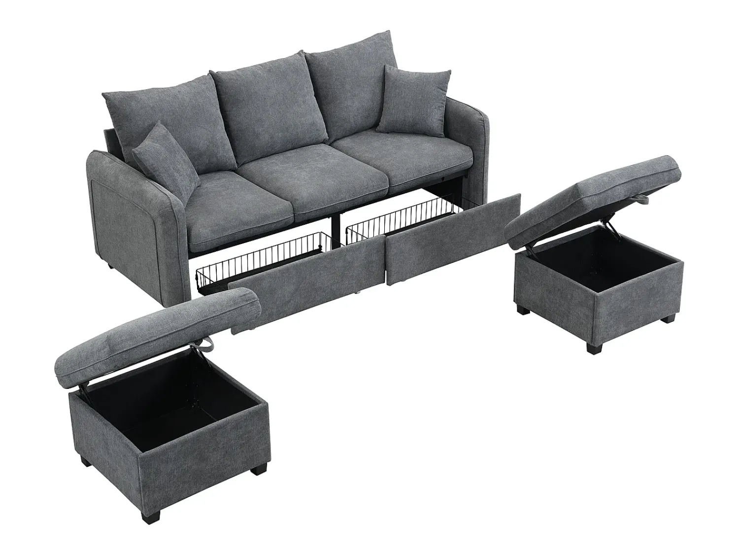 Clearance Sofá de canto - Sofá de 3 lugares com 2 gavetas e 2 bancos de arrumação - chenille Cinzento