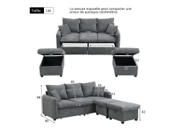 Clearance Sofá de canto - Sofá de 3 lugares com 2 gavetas e 2 bancos de arrumação - chenille Cinzento