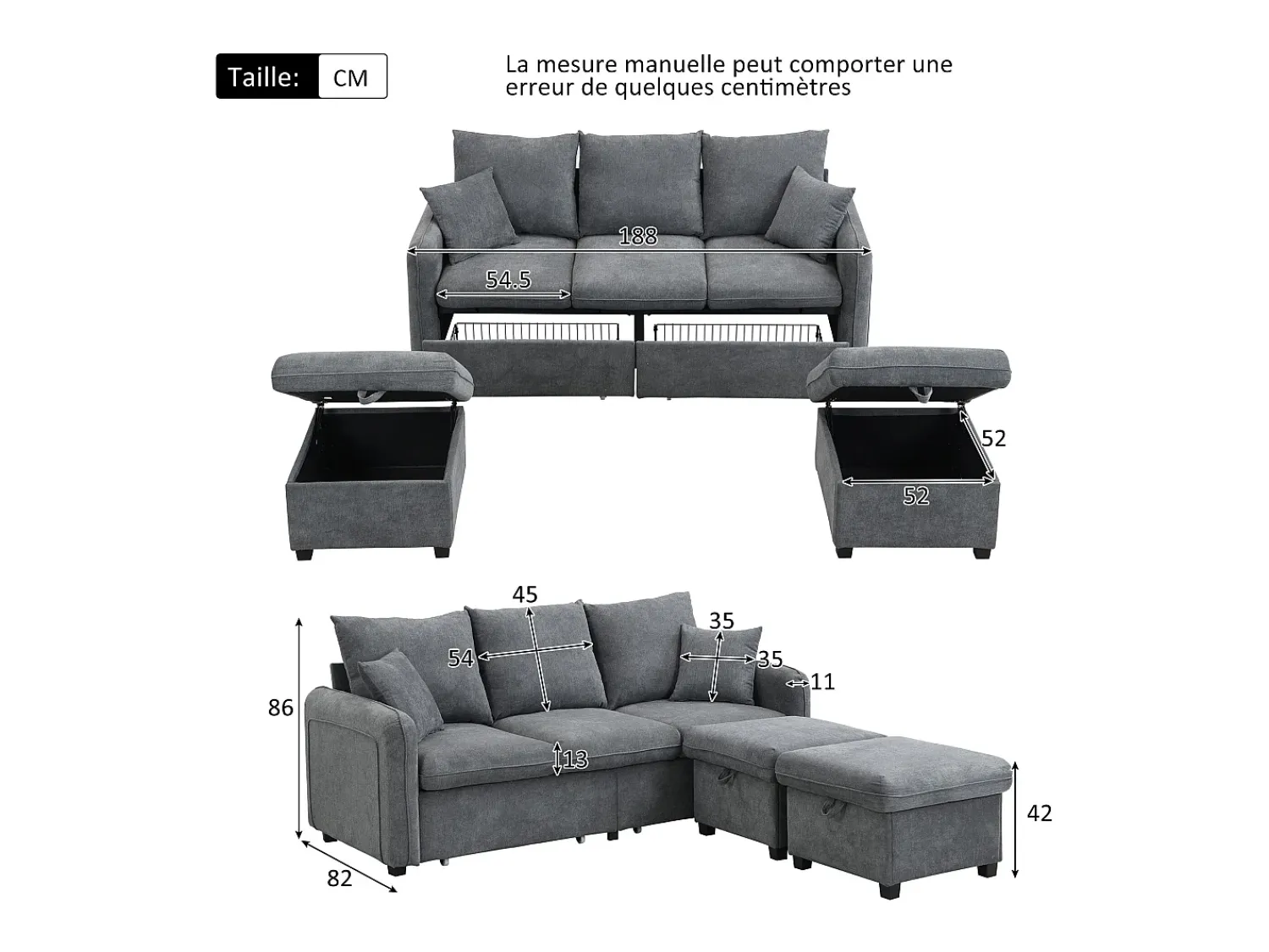 Clearance Sofá de canto - Sofá de 3 lugares com 2 gavetas e 2 bancos de arrumação - chenille Cinzento
