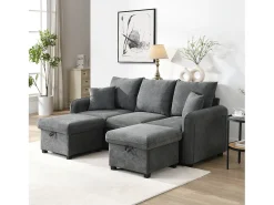 Clearance Sofá de canto - Sofá de 3 lugares com 2 gavetas e 2 bancos de arrumação - chenille Cinzento
