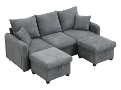 Clearance Sofá de canto - Sofá de 3 lugares com 2 gavetas e 2 bancos de arrumação - chenille Cinzento