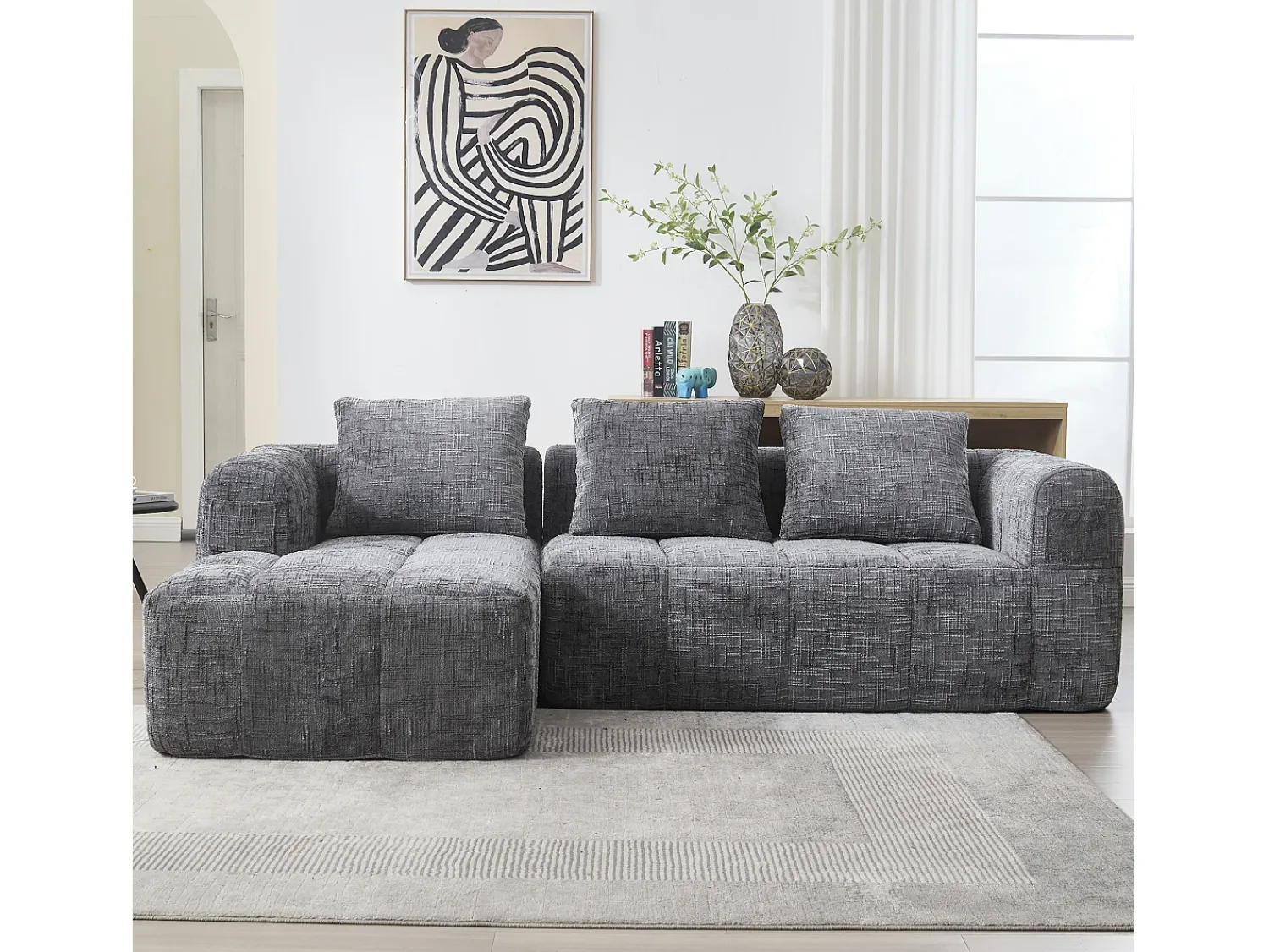 Hot Sofá de canto - Sofá de 3 lugares com compartimentos para arrumação e 3 almofadas - chenille - com chaise longue e braços Cinzento