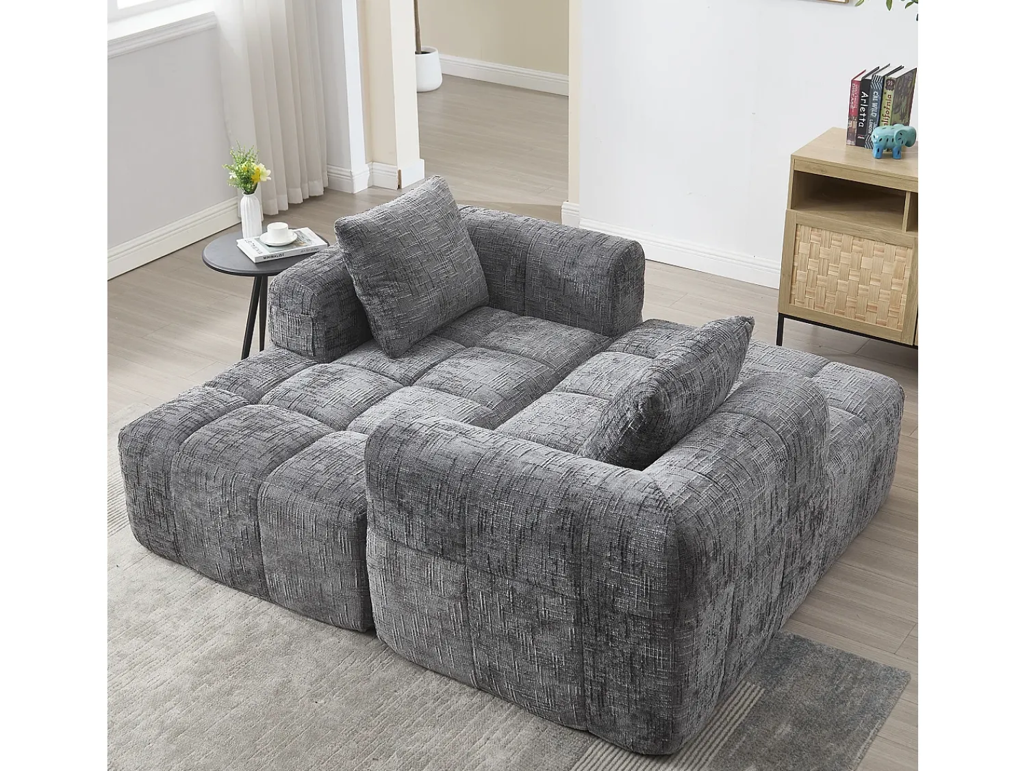 Hot Sofá de canto - Sofá de 3 lugares com compartimentos para arrumação e 3 almofadas - chenille - com chaise longue e braços Cinzento