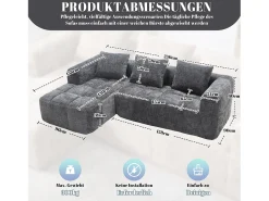 Hot Sofá de canto - Sofá de 3 lugares com compartimentos para arrumação e 3 almofadas - chenille - com chaise longue e braços Cinzento
