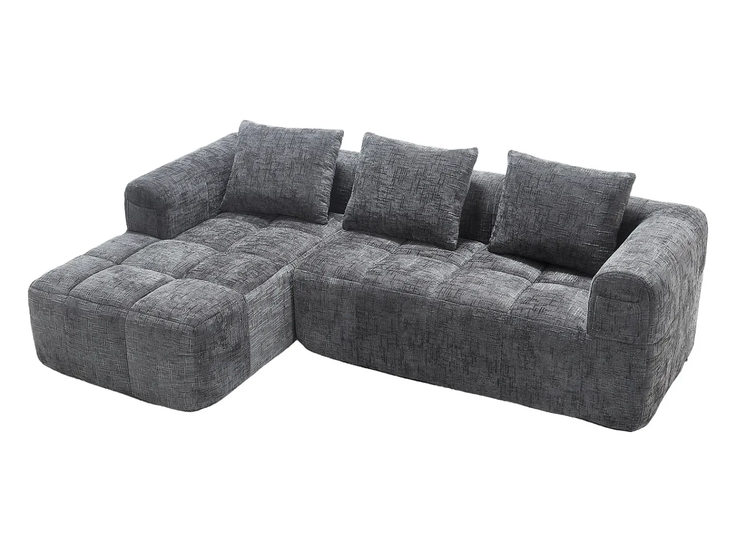Hot Sofá de canto - Sofá de 3 lugares com compartimentos para arrumação e 3 almofadas - chenille - com chaise longue e braços Cinzento