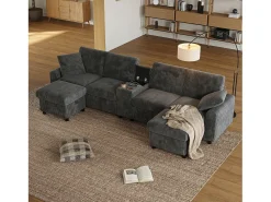 Sofá*Merax Sofá de canto com 2 apoios para os pés com espaço de armazenamento + 2 porta-copos + 1 porta USB e tomadas - 315 x 135 x 81 cm - veludo - cinza Cinzento