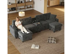 Sofá*Merax Sofá de canto com 2 apoios para os pés com espaço de armazenamento + 2 porta-copos + 1 porta USB e tomadas - 315 x 135 x 81 cm - veludo - cinza Cinzento
