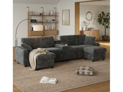 Sofá*Merax Sofá de canto com 2 apoios para os pés com espaço de armazenamento + 2 porta-copos + 1 porta USB e tomadas - 315 x 135 x 81 cm - veludo - cinza Cinzento