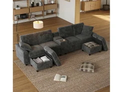 Sofá*Merax Sofá de canto com 2 apoios para os pés com espaço de armazenamento + 2 porta-copos + 1 porta USB e tomadas - 315 x 135 x 81 cm - veludo - cinza Cinzento