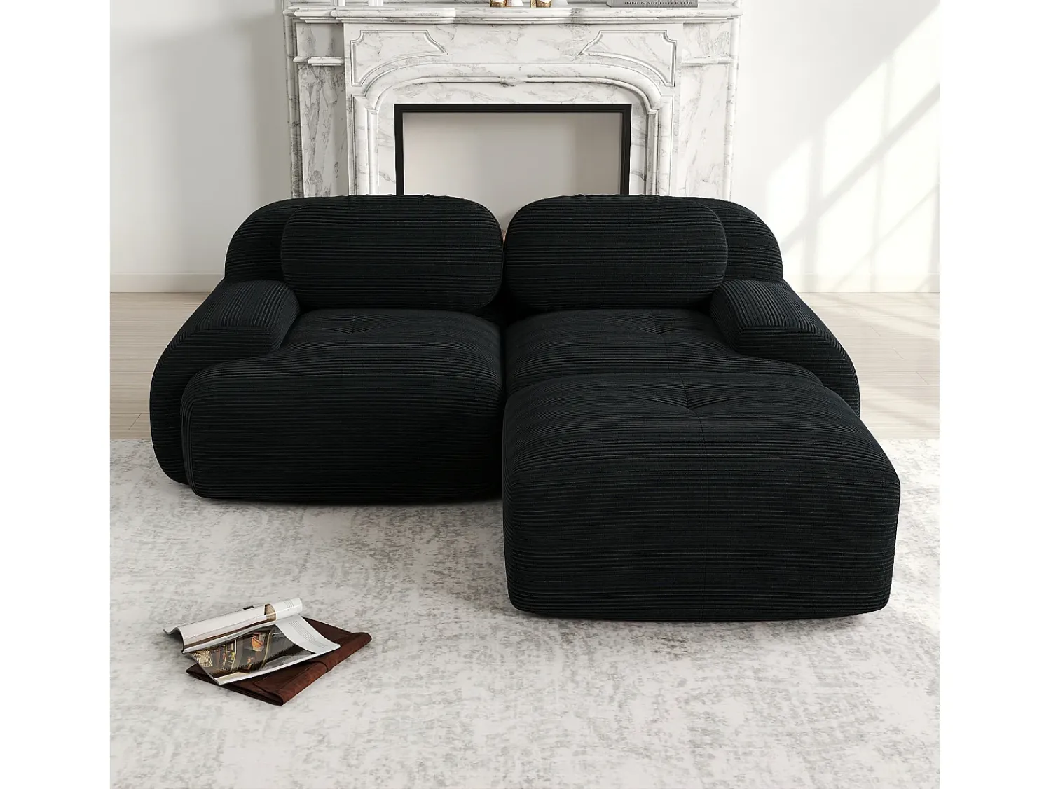 Sofá* Sofá de Canto com Braços Curvos - Sofá de 2 lugares com encosto e almofadas decorativas - Veludo cotelê Preto