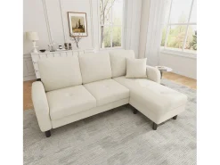 ModernLuxe Sofá de canto com chaise longue - 3 lugares - tecido de algodão e linho - Bege claro^ Sofá