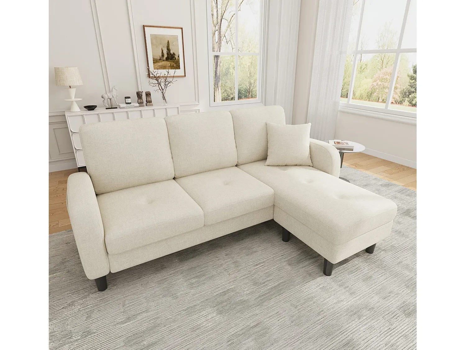 ModernLuxe Sofá de canto com chaise longue - 3 lugares - tecido de algodão e linho - Bege claro^ Sofá