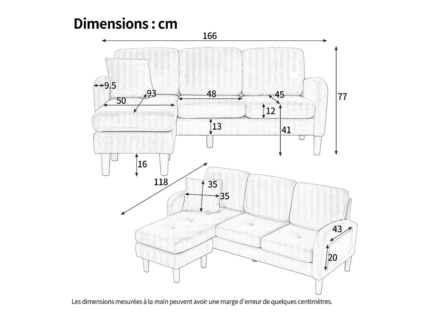 ModernLuxe Sofá de canto com chaise longue - 3 lugares - tecido de algodão e linho - Bege claro^ Sofá