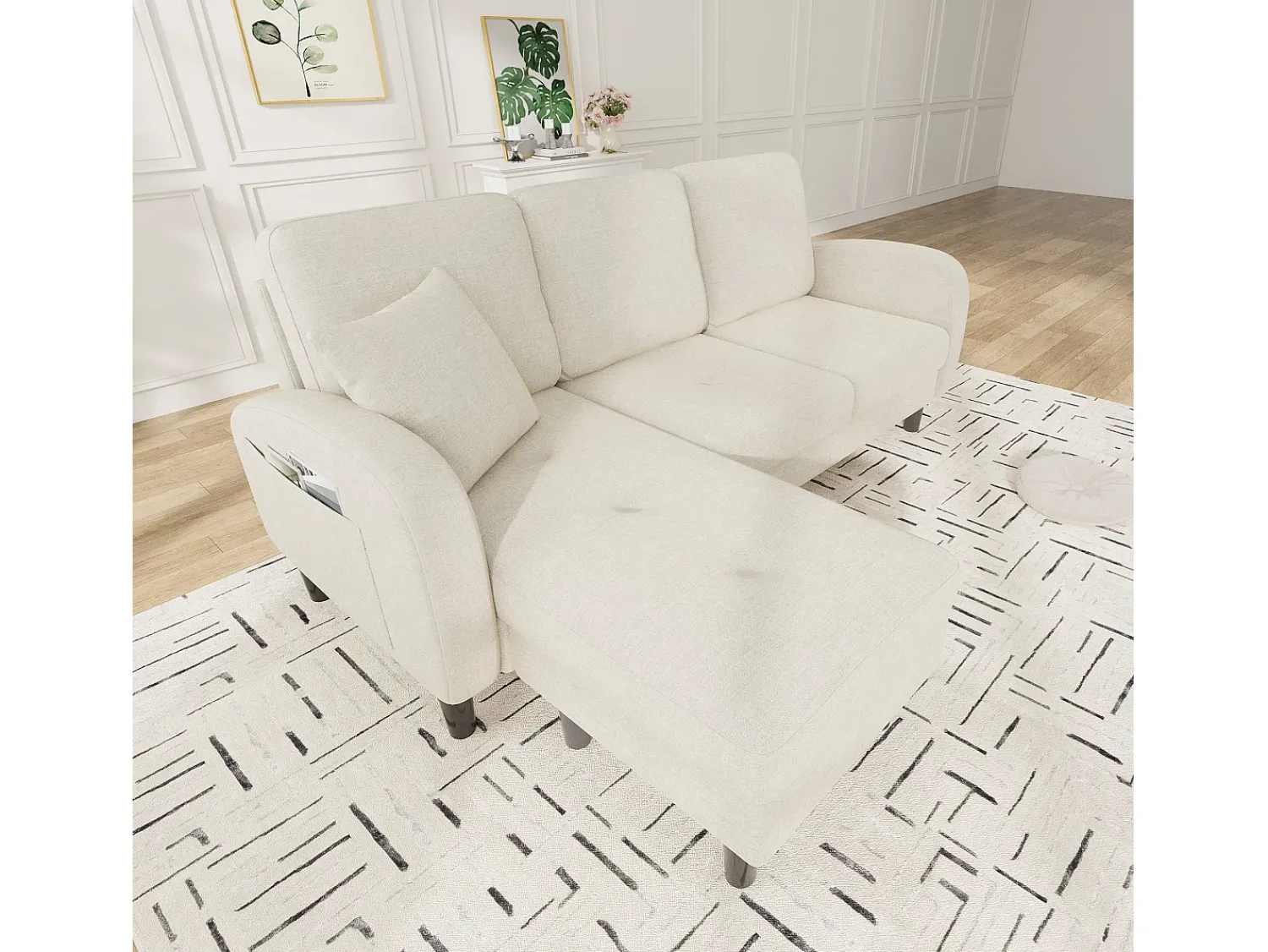 ModernLuxe Sofá de canto com chaise longue - 3 lugares - tecido de algodão e linho - Bege claro^ Sofá