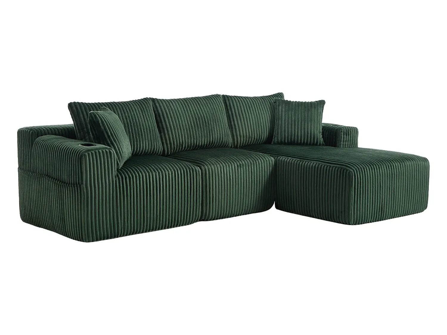 Sofá de canto com suporte para copos - Sofá de 3 lugares com cinco almofadas e bolsos laterais - bombazine Verde