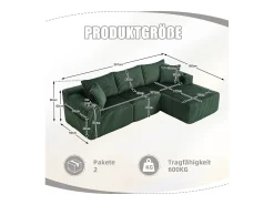 Sofá de canto com suporte para copos - Sofá de 3 lugares com cinco almofadas e bolsos laterais - bombazine Verde