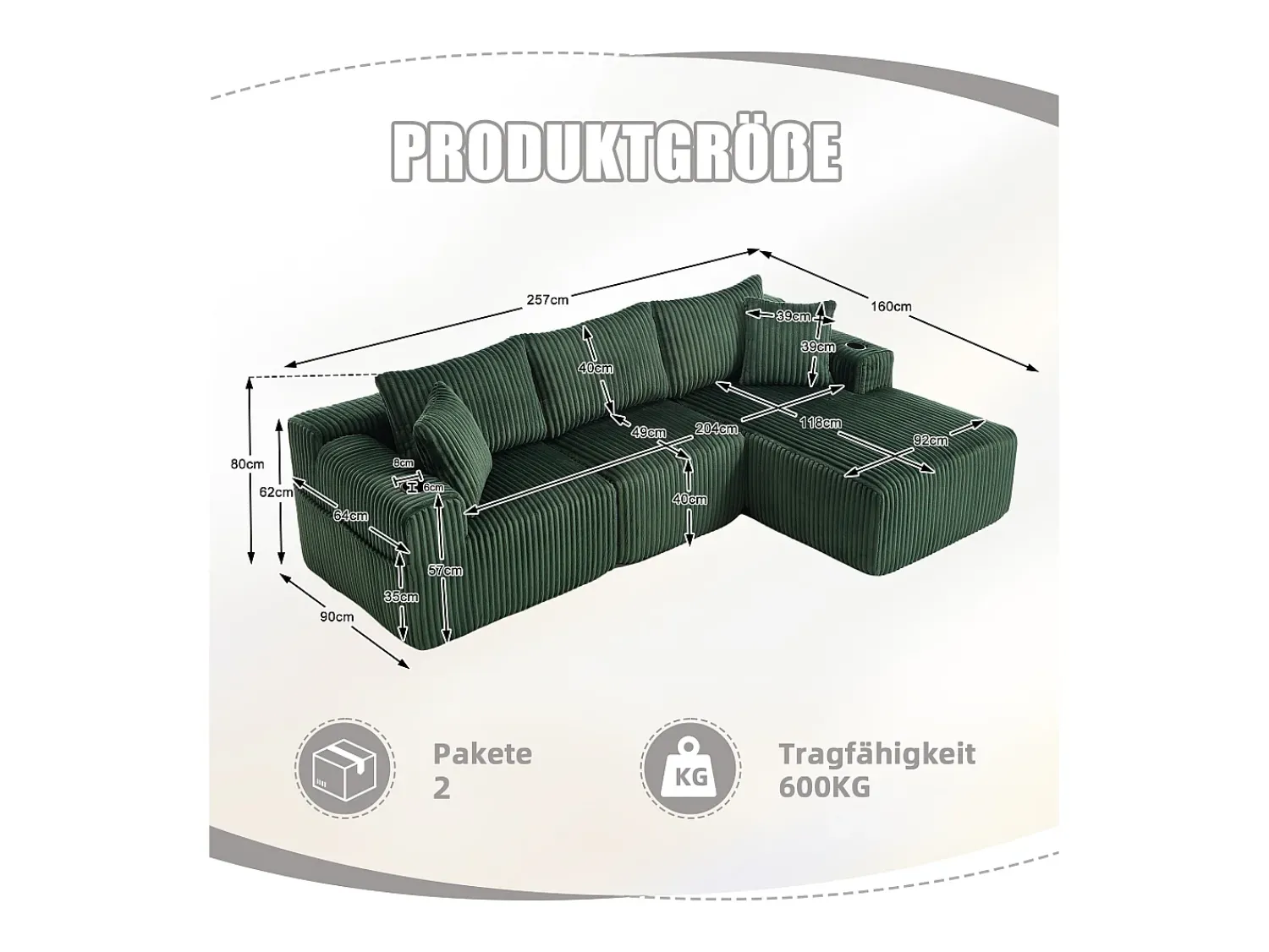 Sofá de canto com suporte para copos - Sofá de 3 lugares com cinco almofadas e bolsos laterais - bombazine Verde