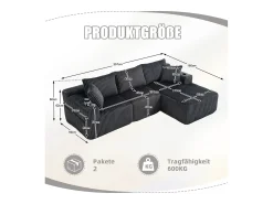 Sofá* Sofá de canto com suporte para copos - Sofá de 3 lugares com cinco almofadas e bolsos laterais - bombazine Cinzento