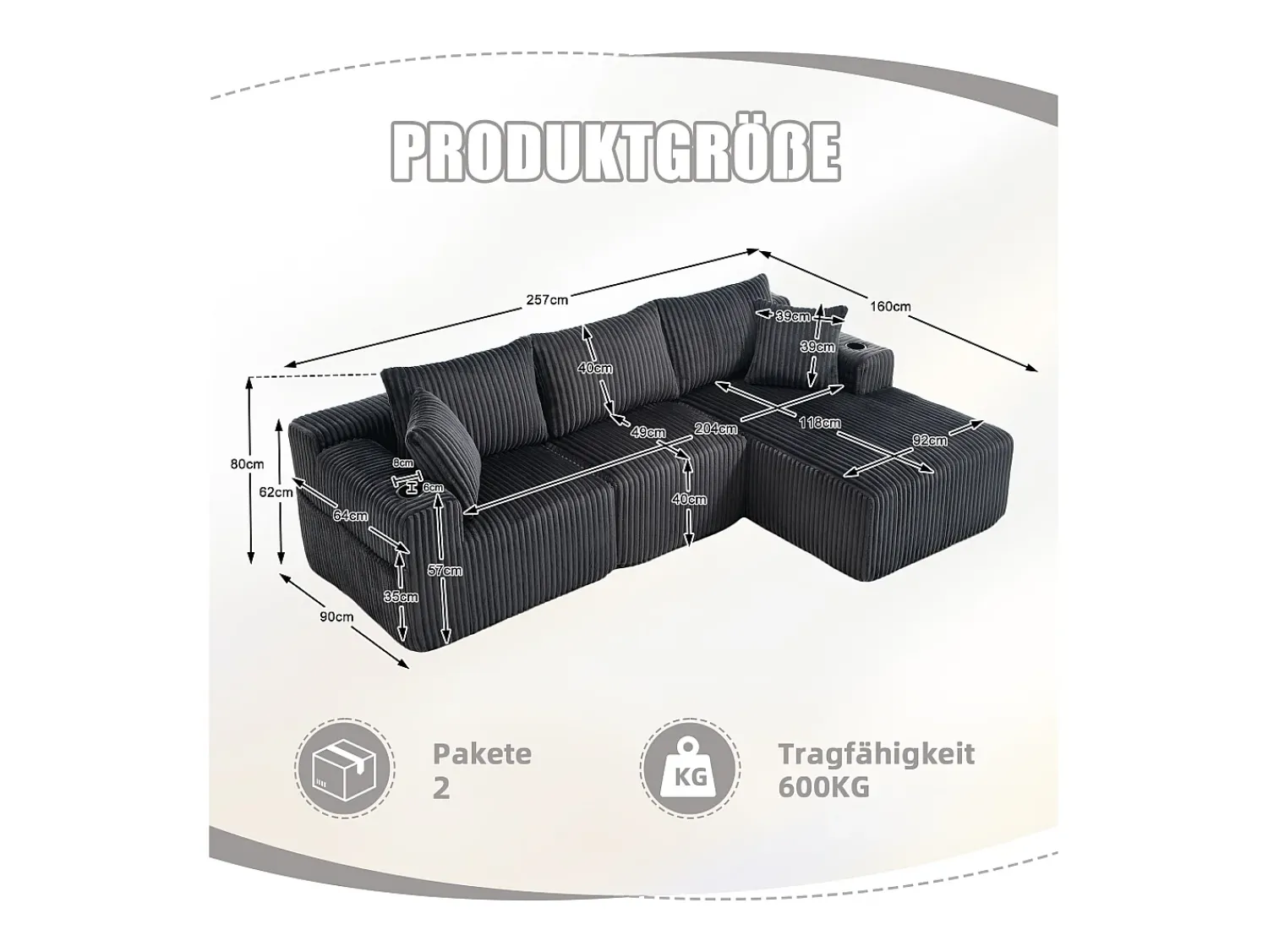 Sofá* Sofá de canto com suporte para copos - Sofá de 3 lugares com cinco almofadas e bolsos laterais - bombazine Cinzento