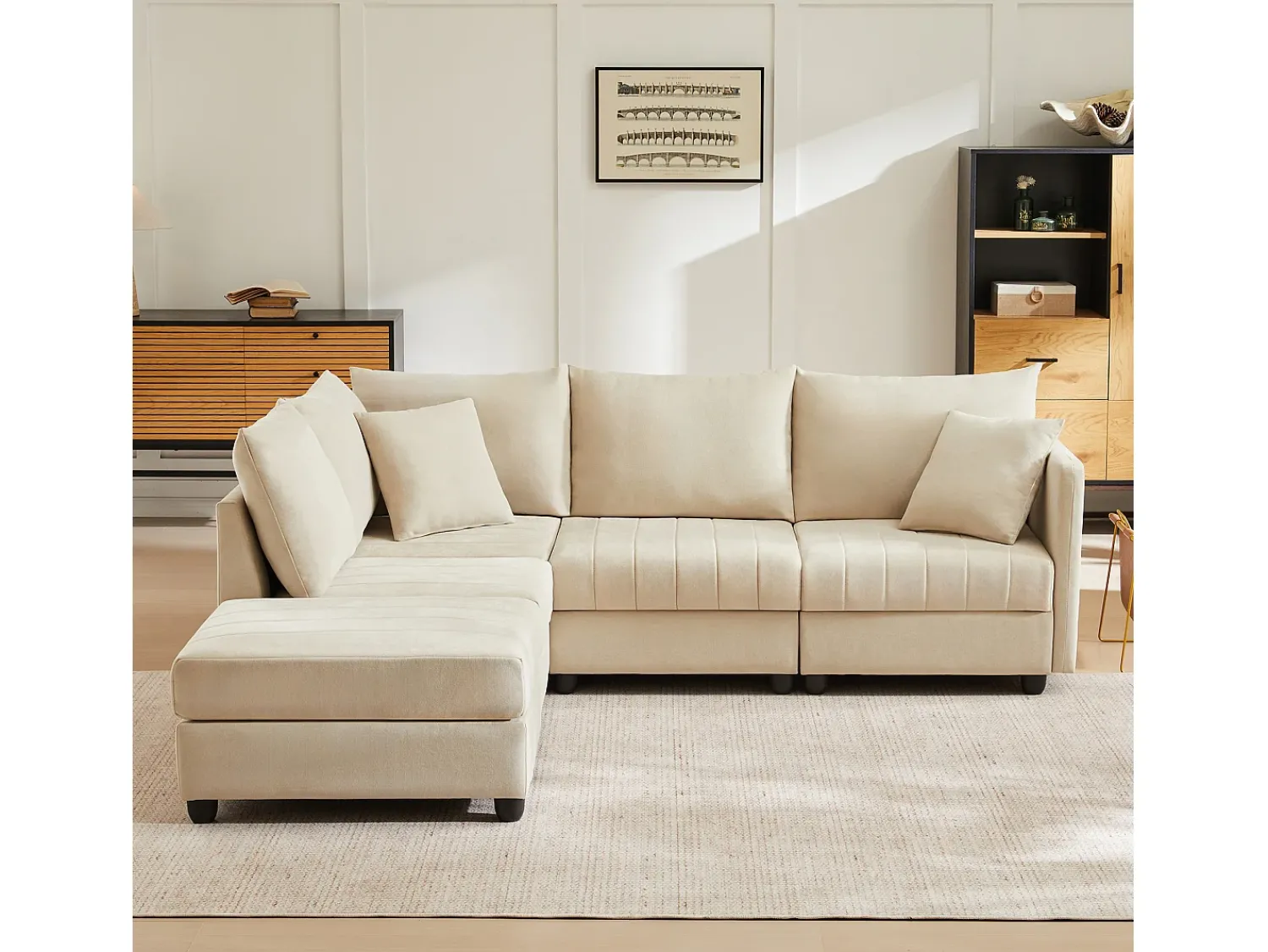 Best ModernLuxe Sofá de canto contemporâneo - 5 lugares - com apoio pés conversível - formato em L - Bege