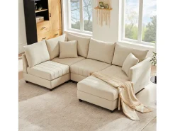 Best ModernLuxe Sofá de canto contemporâneo - 5 lugares - com apoio pés conversível - formato em L - Bege