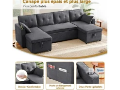 Sofá|DripeX Sofá de canto conversível com 2 baús, almofada e porta-copos - Algodão e linho - 270×130×86 cm - Cinza Cinzento
