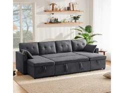 Sofá|DripeX Sofá de canto conversível com 2 baús, almofada e porta-copos - Algodão e linho - 270×130×86 cm - Cinza Cinzento