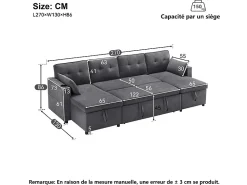 Sofá|DripeX Sofá de canto conversível com 2 baús, almofada e porta-copos - Algodão e linho - 270×130×86 cm - Cinza Cinzento
