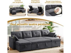 Sofá|DripeX Sofá de canto conversível com 2 baús, almofada e porta-copos - Algodão e linho - 270×130×86 cm - Cinza Cinzento