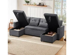 Sofá|DripeX Sofá de canto conversível com 2 baús, almofada e porta-copos - Algodão e linho - 270×130×86 cm - Cinza Cinzento