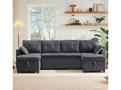 Sofá|DripeX Sofá de canto conversível com 2 baús, almofada e porta-copos - Algodão e linho - 270×130×86 cm - Cinza Cinzento