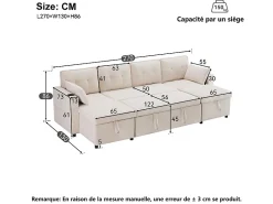 Sofá*DripeX Sofá de canto conversível com 2 baús, almofada e porta-copos - Algodão e linho - 270×130×86 cm - Bege