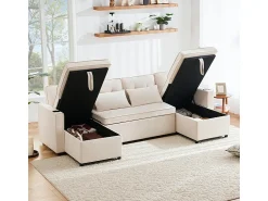 Sofá*DripeX Sofá de canto conversível com 2 baús, almofada e porta-copos - Algodão e linho - 270×130×86 cm - Bege