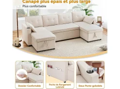 Sofá*DripeX Sofá de canto conversível com 2 baús, almofada e porta-copos - Algodão e linho - 270×130×86 cm - Bege