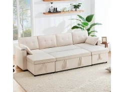 Sofá*DripeX Sofá de canto conversível com 2 baús, almofada e porta-copos - Algodão e linho - 270×130×86 cm - Bege