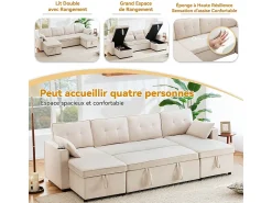 Sofá*DripeX Sofá de canto conversível com 2 baús, almofada e porta-copos - Algodão e linho - 270×130×86 cm - Bege