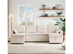 Sofá*DripeX Sofá de canto conversível com 2 baús, almofada e porta-copos - Algodão e linho - 270×130×86 cm - Bege