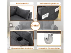 New Merax Sofá de canto conversível de 3 lugares com arrumação e porta-copos - Função dormir - Algodão e linho - Cinza Cinzento