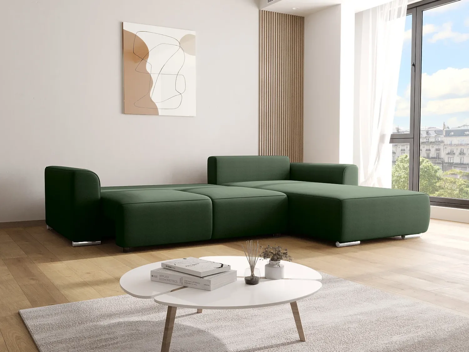 Best Vente-unique Sofá de canto conversível e reversível em tecido MELTANA Verde pinho