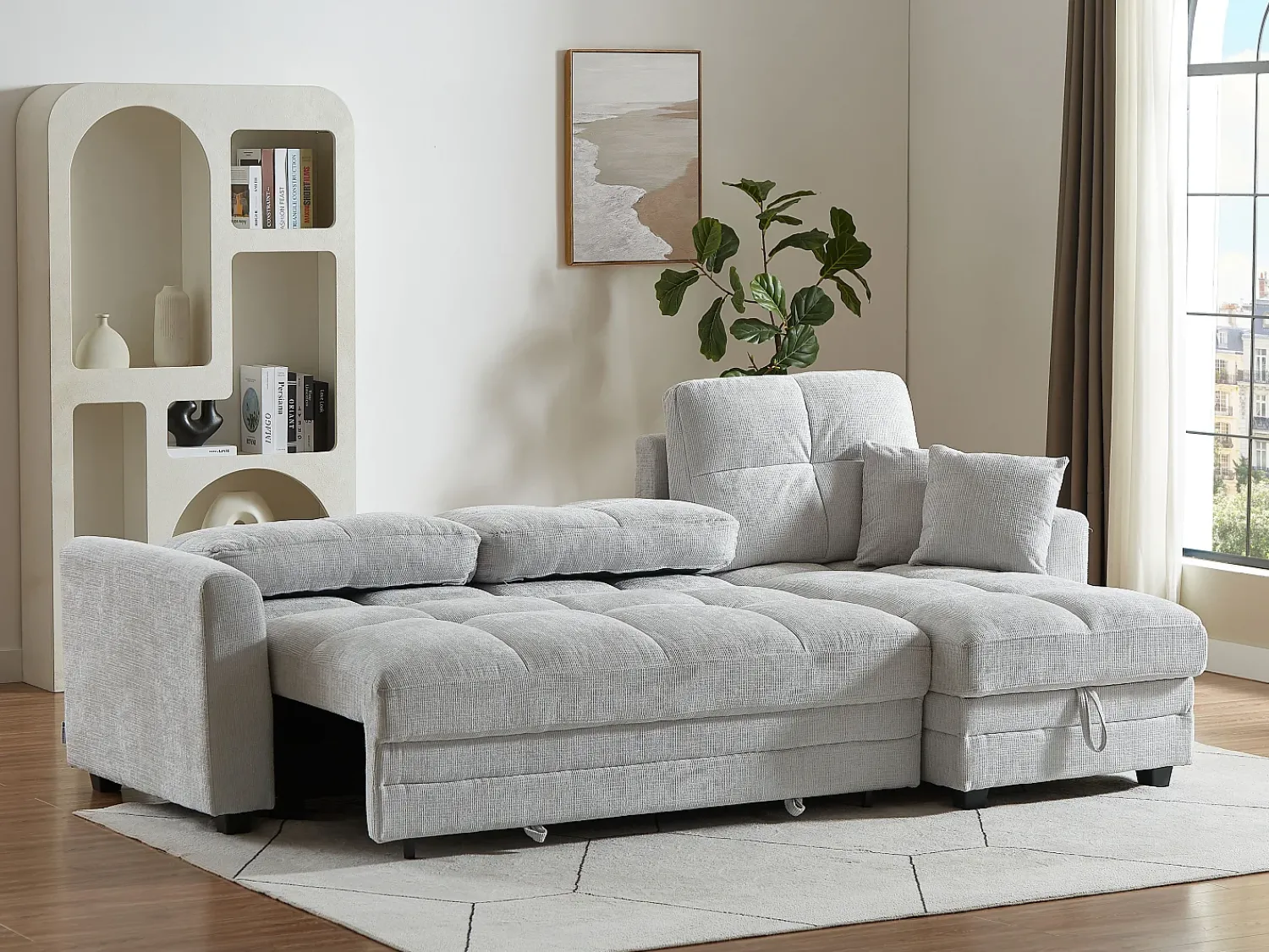 Clearance Vente-unique Sofá de canto conversível e reversível em tecido chenille cinza claro LUMARIO Cinzento claro