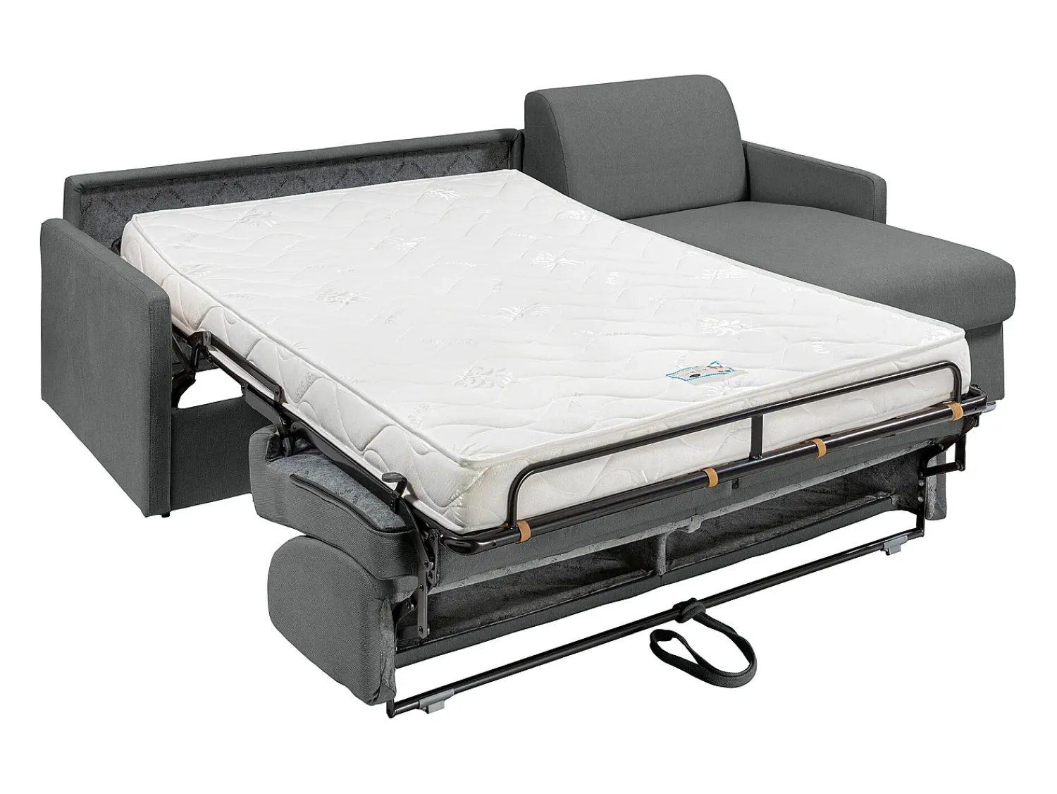 Vente-unique Sofá de canto convertível abertura rápida tecido cinza, cama 140 cm e colchão 14 cm CALIFE Cinzento