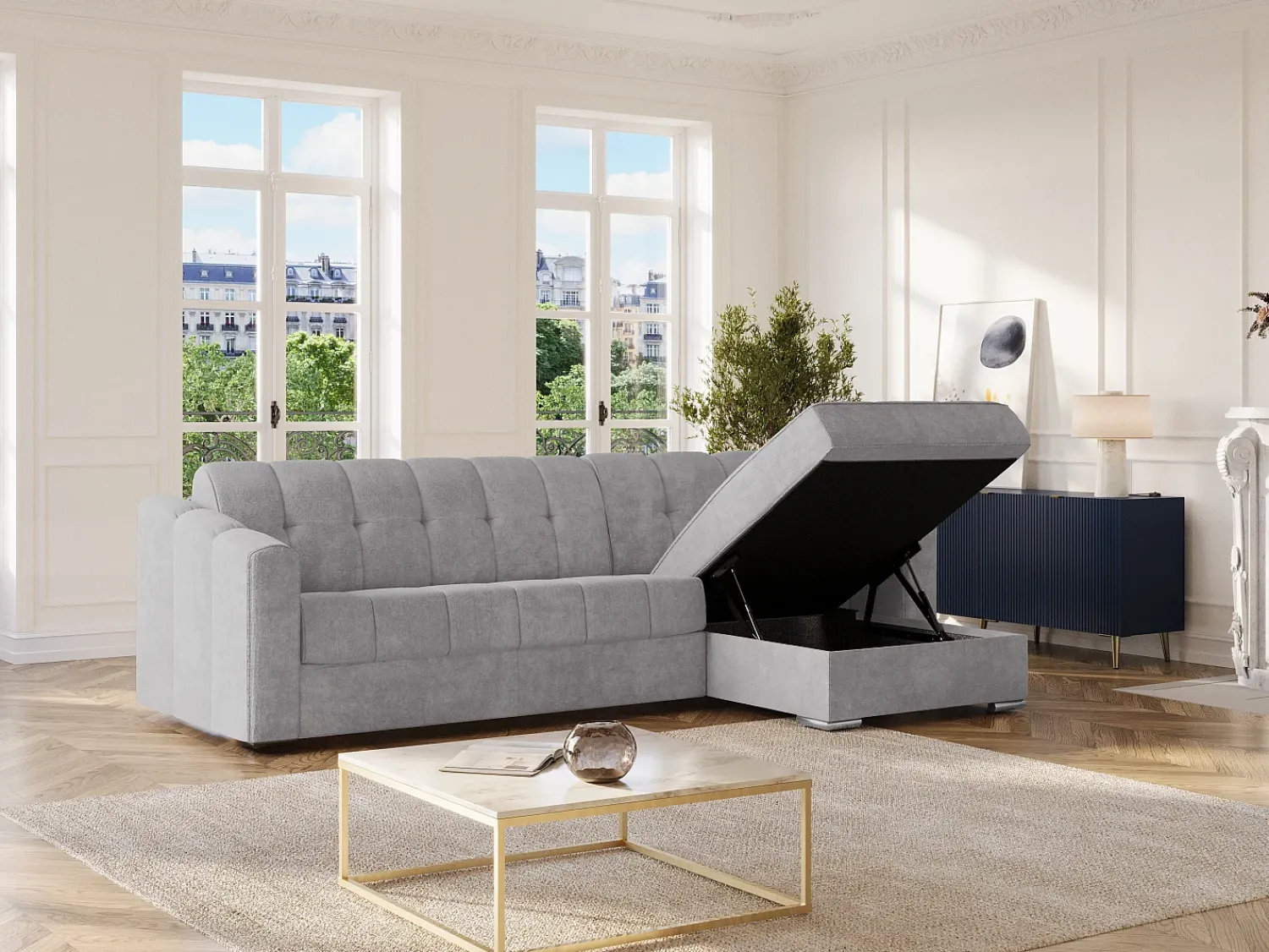 Vente-unique Sofá de canto convertível abertura rápida tecido ripas - 160 cm - 18 cm DARIELO^ Sofá