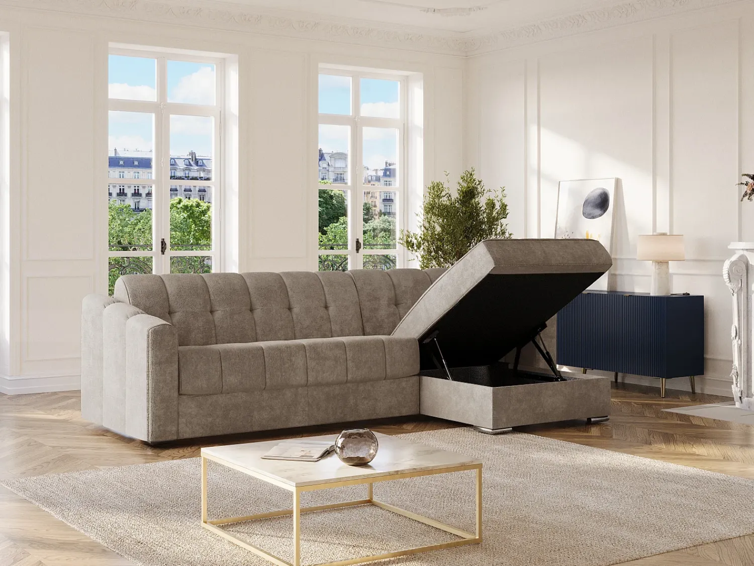 Sofá*Vente-unique Sofá de canto convertível et reversível abertura rápida em tecido - 160 cm - 22 cm DARIELO Taupe