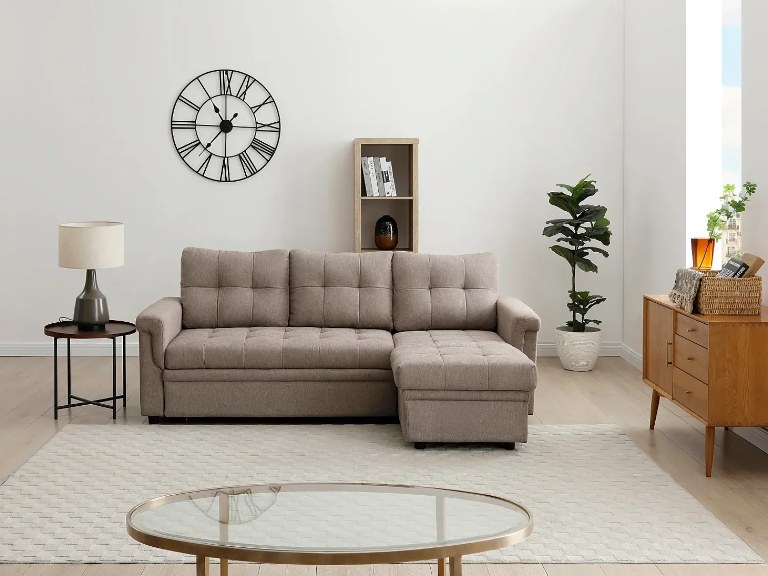 Sofá|Vente-unique Sofá de canto convertível e reversível em tecido cinza toupeira DERAMOP Taupe