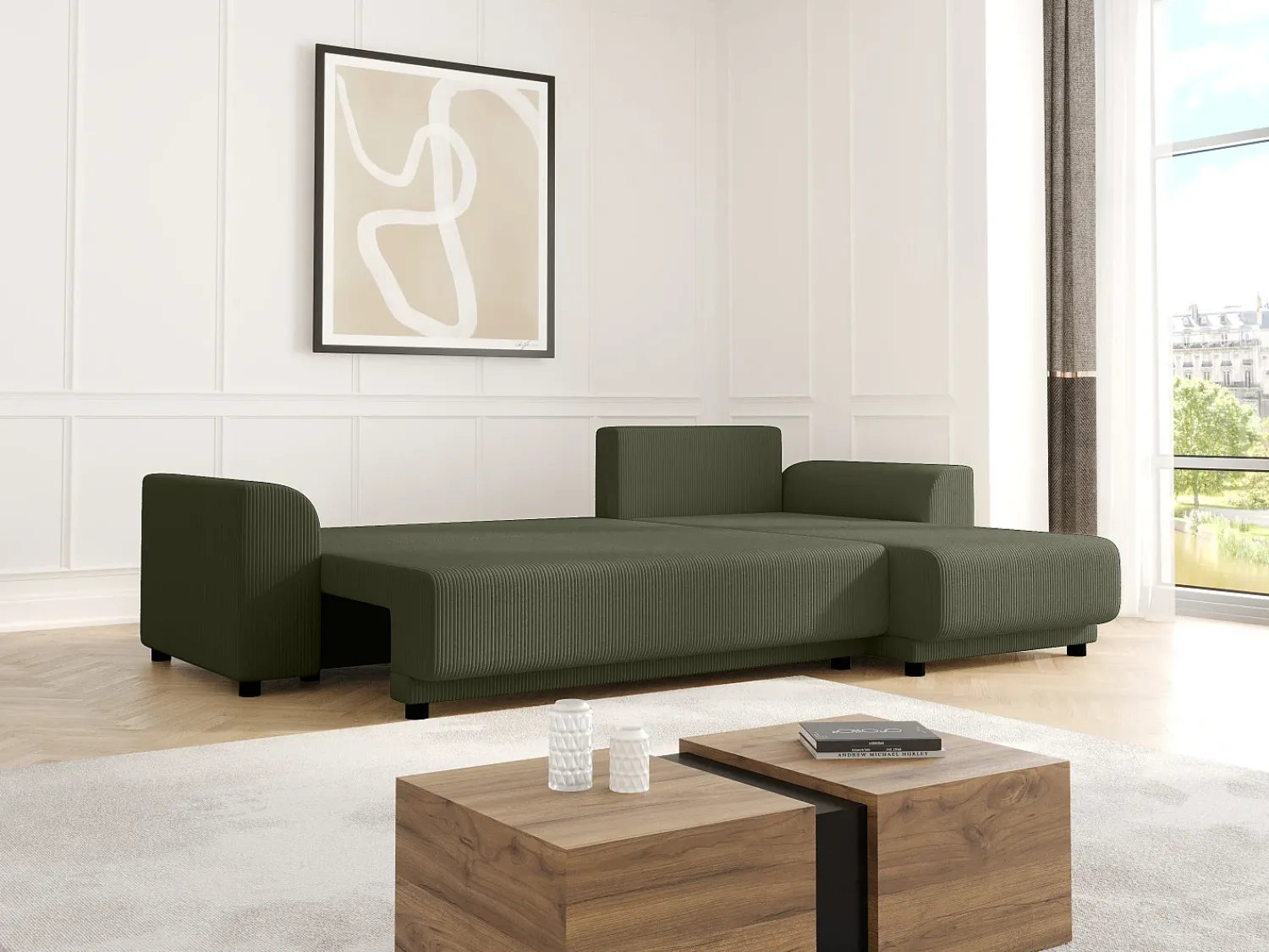 Vente-unique Sofá de canto convertível e reversível veludo canelado verde NESSARO^ Sofá