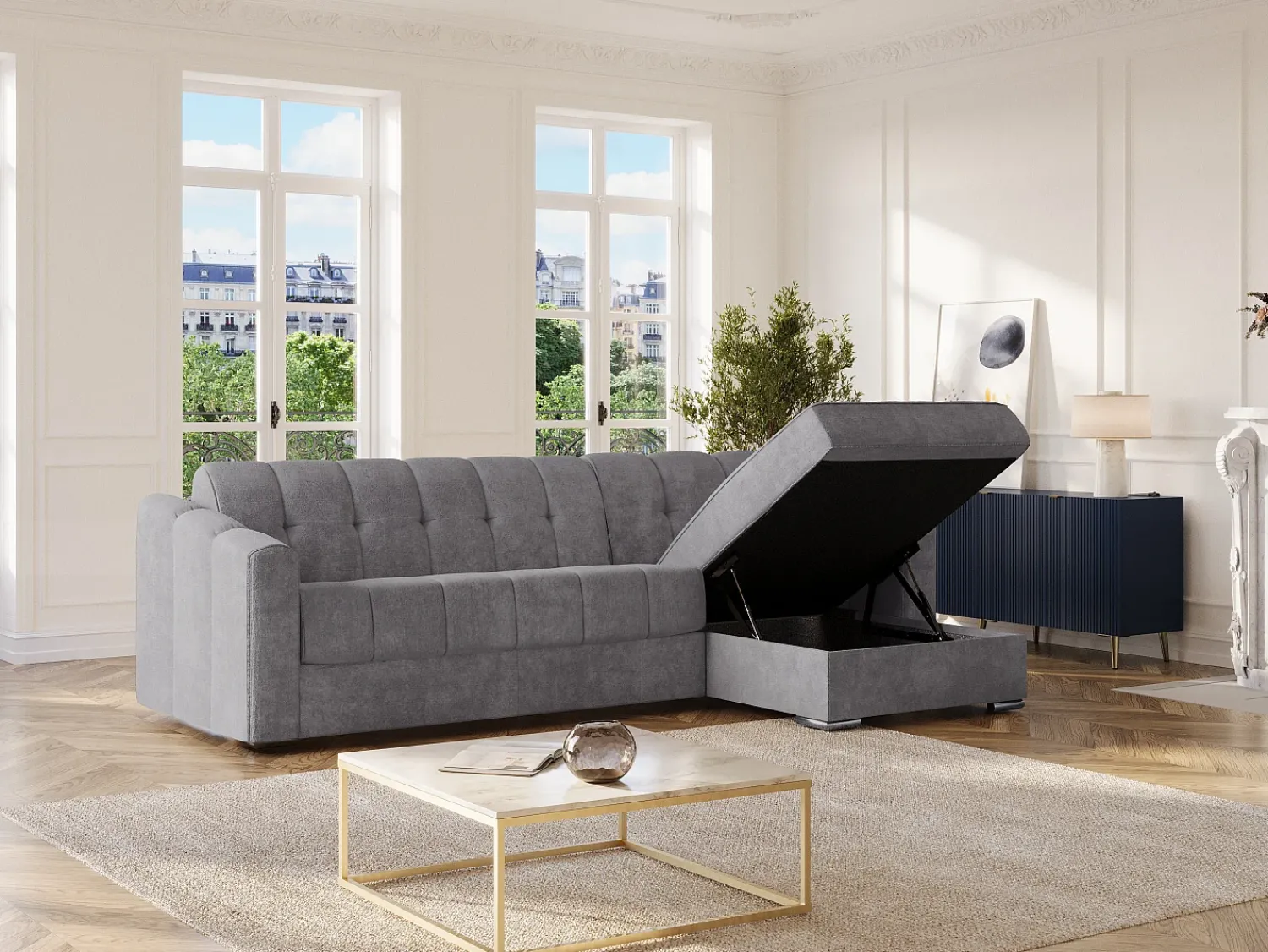 Vente-unique Sofá de canto convertível et reversível abertura rápida em tecido bege - 160 cm - 22 cm DARIELO^ Sofá