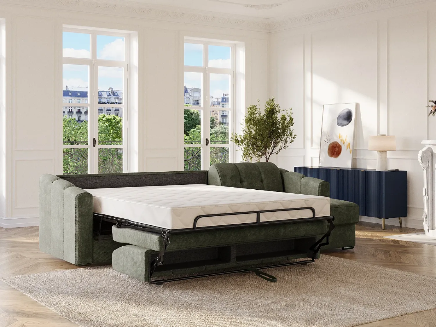 Clearance Vente-unique Sofá de canto convertível reversível abertura rápida em tecido verde - 160 cm - 14 cm DARIELO Caqui
