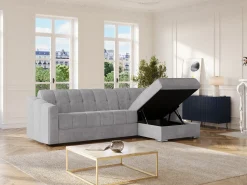 Sofá*Vente-unique Sofá de canto convertível reversível abertura rápida tecido - 140 cm - 22 cm DARIELO Cinzento claro