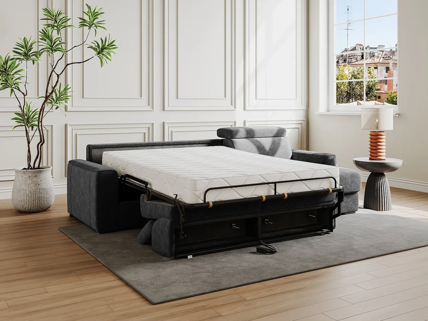 Best Vente-unique Sofá de canto convertível veludo canelado antracite, cama 140 cm, colchão 22 cm VIZIR Cinza antracite