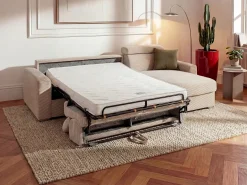 Sofá|Vente-unique Sofá de canto convertível veludo canelado , cama 140 cm, colchão 22 cm VIZIR Bege